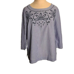Talbots Blouse Womens Petite M Embroidered White Blue Striped 3/4 Sleeve